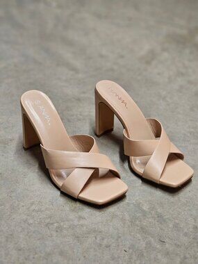 Nude Block Heel Sandals With Cross-Strap Design For Women